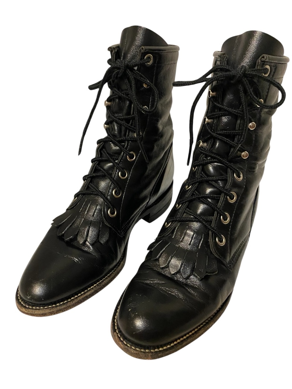 Justin Boots Black Leather Lace-Up Kiltie Roper Boots 5 Western Modern Cowgirl